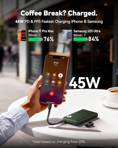INIU 45W Fast Charging Portable Charger, Smaller 10000mAh Travel Power Bank | Flight-Safe, Detachable USB C Cable, Travel Essential, External Battery Phone Pack for iPhone 17 Samsung S26 iPad etc, Green - color: Green