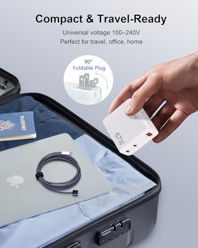 DERLULU 67W USB-C Charger for MacBook Air 13/15", GaN Fast Charging Adapter with Magnetic Cable 5ft (1.5m), 2C1A Compact for MacBook, iPad, iPhone