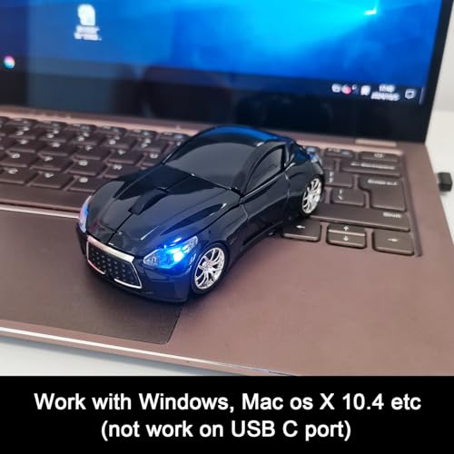 Car Mouse for Computer, Wireless Car Shaped Mice for Laptop, PC, Mini Cute Mouse with 2.4Ghz USB Receiver, 3D, 1600DPI, Silent Clicks, LED Headlights (Black) - color: Y-Black