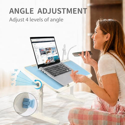 Adjustable Lap Desk with USB Fan & LED Light, Height & Angle Adjustable Laptop Bed Tray Table, Foldable Laptop Stand for Bed, Couch, Sofa & Floor, Blue - color: Blue
