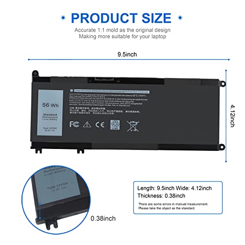 56Wh 33YDH Laptop Battery for Dell Inspiron 17 7000 Series 7779 7778 7786 7773 2-in-1 15 7577 G3 3579 3779 G5 5587 G7 7588 Latitude 13 3380 14 3490 3590 3580 3400 3500 451-BCDM PVHT1 P30E 81PF3 081PF3 - size: 33YDH