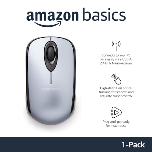 Amazon Basics 2.4 GHz Wireless Optical Computer Mouse with USB Nano Receiver, Portable, Silver - color: Silver, style: 1-Pack