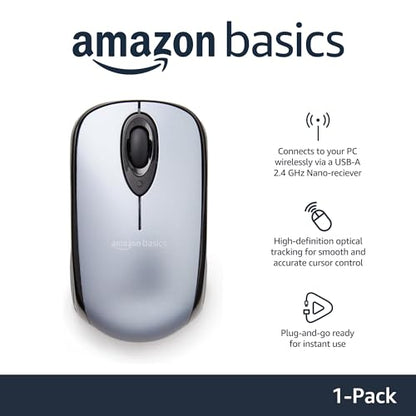 Amazon Basics 2.4 GHz Wireless Optical Computer Mouse with USB Nano Receiver, Portable, Silver - color: Silver, style: 1-Pack