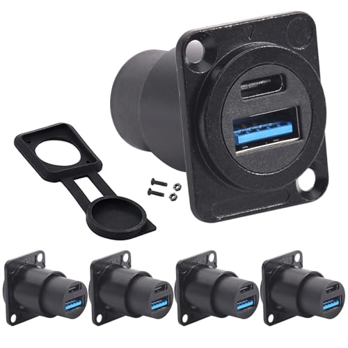 PENGLIN 5PCS USB3.0 & USB C 3.1 Connector, Dual USB Panel Mount Adapter | 10Gbps High Speed Transfer, 5V/1A Fast Charging, Waterproof Dust Protective Cap,For Phone/PC/Laptop/ipad - color: Black, size: 5PCS