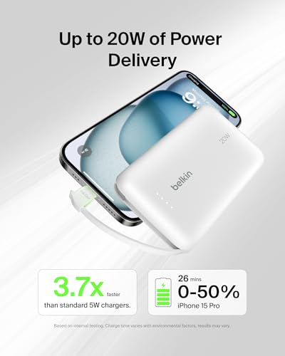 Belkin 10000mAh 20W USB C Power Bank, Portable Charger for iPhone & iPad | Fast Charging, Integrated USB C Cable, Eatra USB C Port, iPhone 17, iPad, Samsung Galaxy S26, Charge 2 Devices - color: White, style: 10K mAh