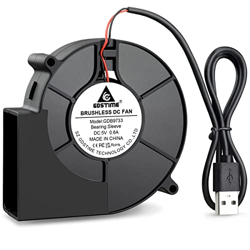 GDSTIME 97mm USB Blower Fan with 3 Speeds Control, 5V Powered 9733 DC Brushless Squirrel Cage Blowers Centrifugal Cooling Fans - size: 97mm x 33mm