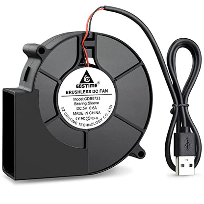 GDSTIME 97mm USB Blower Fan with 3 Speeds Control, 5V Powered 9733 DC Brushless Squirrel Cage Blowers Centrifugal Cooling Fans - size: 97mm x 33mm