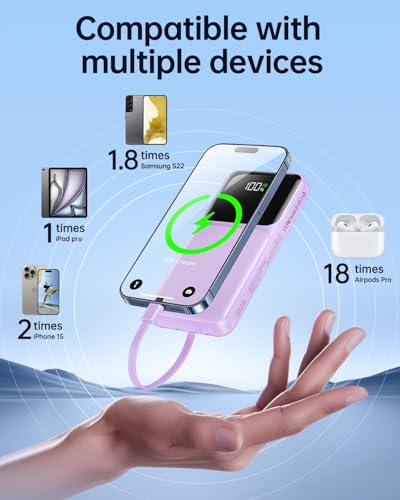 RONEGN Portable Charger with Built in Cable -20000mAh Fast Charging Power Bank USB C Slim 22.5W LED Display Battery Pack 5 Outputs & 3 Inputs for Travel Essentials iPhone Samsung Phones Purple - color: Purple