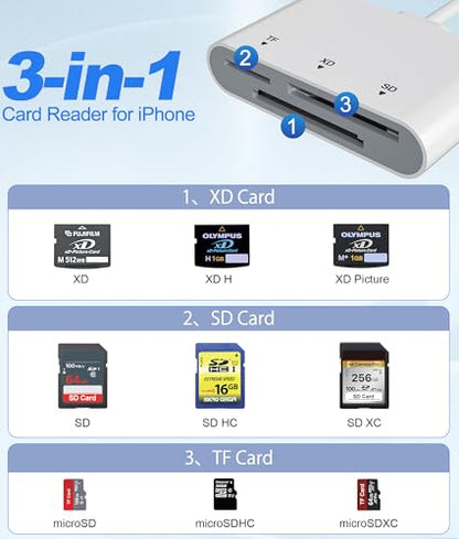 SD Card Reader for iPhone with USB-C & Lightning - 3-in-1 SD MicroSD xD-Picture Cards Memory Card Reader, Compatible with iPhone 16/15/14, iPad, MacBook, Android, Camera & PC - color: White
