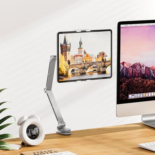 Houele Tablet Stand Holder for Desk iPad Stand Desk Mount, Silver | Adjustable Foldable Tablet iPad Arm Mount Phone Holder with 360°Rotate Base, Compatible with Tablets or Other 4-15.6" Device - color: Silver