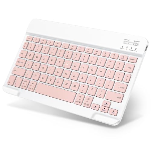 Emetok Wireless Keyboard for Tablet, iPad, iOS, Android, Windows, Rechargeable Mini Bluetooth Keyboard, Portable Size Ultra-Slim Design, Speedier Response/Comfortable Typing, Pink - color: Pink
