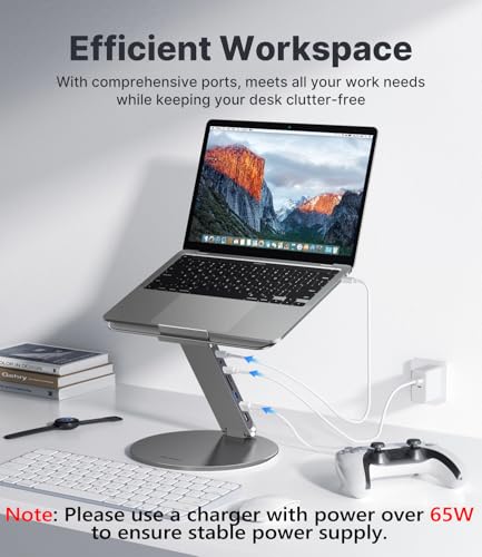 KU XIU Adjustable Laptop Stand with 8 in 1 USB C Hub, Foldable Portable Computer Notebook Stand with 360° Rotating Base, Riser Holder Mount for All 10-17" Laptops (Gray) - color: Gray