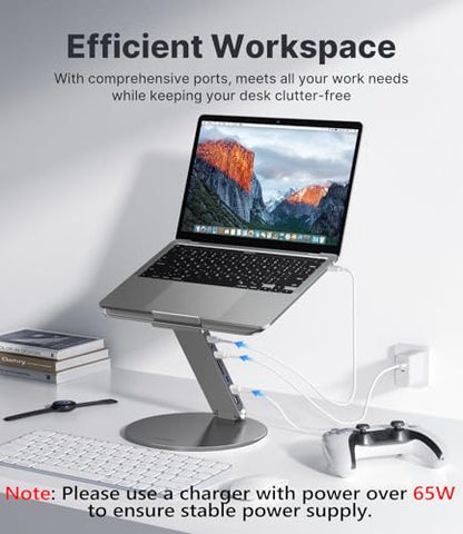 KU XIU Adjustable Laptop Stand with 8 in 1 USB C Hub, Foldable Portable Computer Notebook Stand with 360° Rotating Base, Riser Holder Mount for All 10-17" Laptops (Gray) - color: Gray