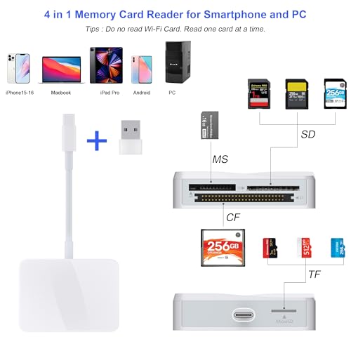SD Card Reader, 4 in 1 USB C to SD/TF/CF/MS Card Reader with USB to USB C Adapter Memroy Card Reader for iPhone 17/16/15 Pro Max iPad Pro MacBook Pro/Air iMac M4/M3/M2 Android Phone/Tablet PC (White) - color: Whtie