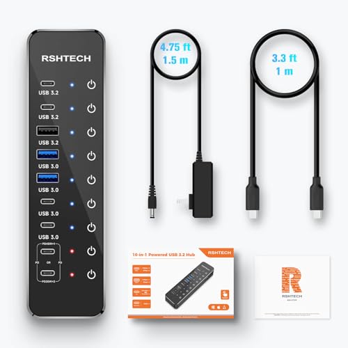 RSHTECH 10-Port Powered USB C Hub 66W with 3x10Gbps USB-3.2 Data Ports (2C + 1A), 4 USB 3.0 Ports (2C + 2A), 2 USB-C PD 45W Charging Ports and PD 100W, USB Expander Splitter for Laptop, RSH-ST10P