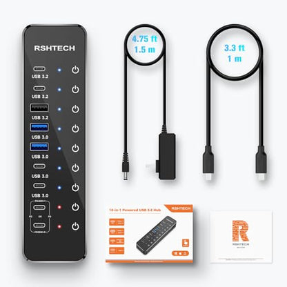 RSHTECH 10-Port Powered USB C Hub 66W with 3x10Gbps USB-3.2 Data Ports (2C + 1A), 4 USB 3.0 Ports (2C + 2A), 2 USB-C PD 45W Charging Ports and PD 100W, USB Expander Splitter for Laptop, RSH-ST10P