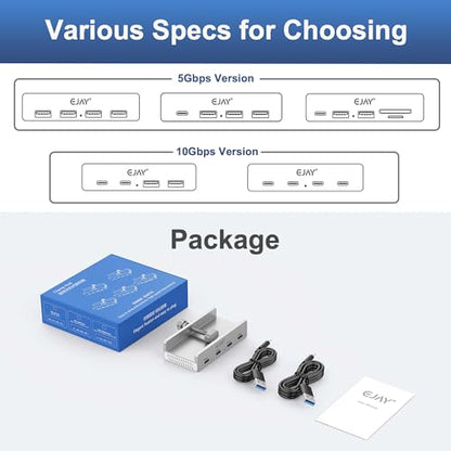 EJAY 10Gbps USB C Hub 4Ports Aluminum USB 3.2 Docking Hub Clamp Design for Desk/Computor with Extra Power Supply Port and 47inches Long Data Cable&39inches Power Cable (Silver) - size: with 4 USB C