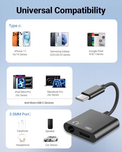 Seulliya USB C to 3.5mm Headphone Jack and Charger Adapter, 2-in-1 Audio & Fast Charging Splitter for Apple iPhone 17/16/15/Pro/Pro Max, iPad, Samsung, Pixel, and More 2Pack Black - color: Black