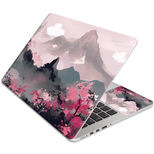 Laptop Skin Sticker 3-Piece Set,Mountains with Pink Flowers | Trim-to-fit 3-piece vinyl set with one 15 x 10.6 in lid skin and two palm-rest decals for many 12-15.6 in laptops - color: Mountains With Pink Flowers