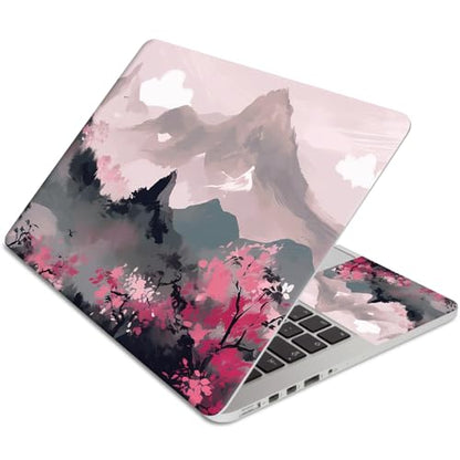 Laptop Skin Sticker 3-Piece Set,Mountains with Pink Flowers | Trim-to-fit 3-piece vinyl set with one 15 x 10.6 in lid skin and two palm-rest decals for many 12-15.6 in laptops - color: Mountains With Pink Flowers