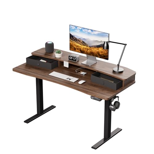 HUANUO 55" x 26" Electric Standing Desk with 2 Drawers, C-Clamp Mount Compatible, Height Adjustable Computer Desk, Home Office Stand Up Desk with 4 Preset Heights & 2 Hooks, Walnut - color: Walnut, size: 55" X 26"