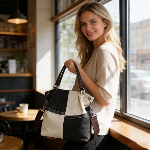 Women's Canvas Color Block Tote Bag Convertible Crossbody Hobo Handbag Lightweight Shoulder Bag for Daily Travel Work - color: Black