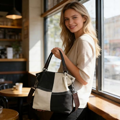 Women's Canvas Color Block Tote Bag Convertible Crossbody Hobo Handbag Lightweight Shoulder Bag for Daily Travel Work - color: Black