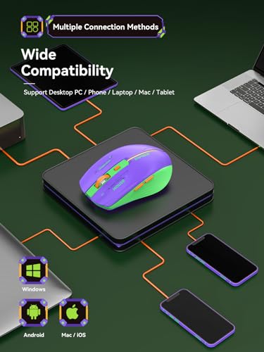RAPIQUE Bluetooth Wireless Mouse - (BT1/BT2+USB Receiver) Dual Mode, Rechargeable, Quiet Click, Multi-Device Compatibility for Laptop, Computer, MacBook, Tablet (Purple and Green) - color: Purple and Green