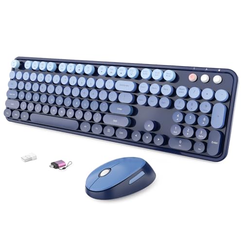 Wireless Keyboard and Mouse Combo, Ergonomic Full Size Typewriter Retro Round Keycaps Keyboard, Compatible with Windows, PC, Perfer for Home and Office Keyboards (Twilight Blue - color: Twilight Blue