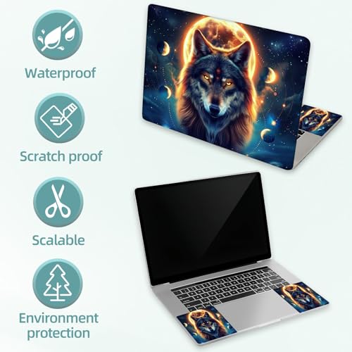 Universal Laptop Skin Decal, 3-Piece Vinyl Protector for 12 13 14 15.6" Notebook, Waterproof Anti-Scratch, Easy Trim & Bubble-Free Finish, Majestic Wolf Under the Moonlight - color: Majestic Wolf Under the Moonlight