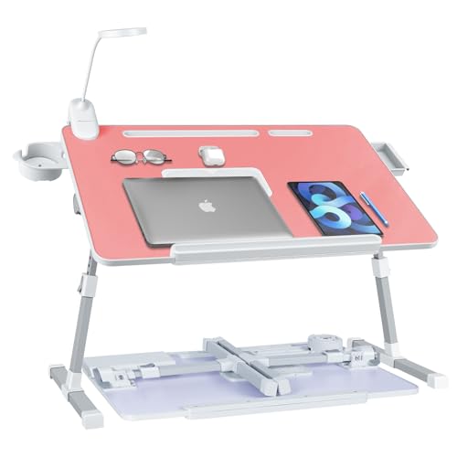 Adjustable Laptop Lap Desk with Cooling Fan USB Light for Adults - color: Pink,70x45cm