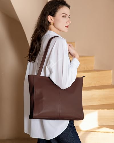 befen Genuine Leather Tote Bag for Women Work Travel Leather Purse Handbags | Real Leather, Padded 14" Laptop Compartment, Multi-Pockets, Zipper, Tote Bag for Daily - color: Coffee