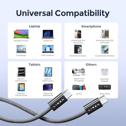 LISEN 240W USB C to USB C Cable, PS/2 Charging Cable (10FT+10FT) | 2-Pack, Black | USBC Cable for iPhone 17/16/15 Pro Max, iPad Pro/Air, MacBook Pro/Air, Samsung Galaxy S26 Ultra, Laptop - color: Black, size: 10FT+10FT