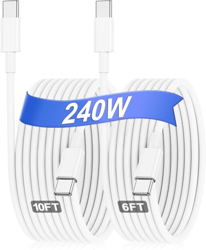 Hzevn 240W USB C Charging Cable for MacBook Pro/Air & for iPhone 17/16 Pro Max, MFi Certified 48V/5A Super Fast Charger Cord 6ft+10ft, PD 3.0 Compatible with iPad Pro 12.9/11, Samsung S25/S24(2-Pack) - color: White, size: 10FT + 6FT
