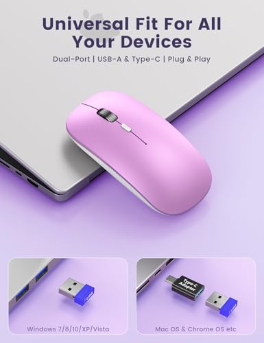 SABLUTE Bluetooth Mouse for Mac, Tri-Mode Silent Wireless Mouse, Orchid | Bluetooth 5.2 + 2.4GHz, Connect 3 Devices, Silent Click, USB-C Charging, 3 DPI Levels, MacBook, iPad & Windows Compatible - color: Orchid