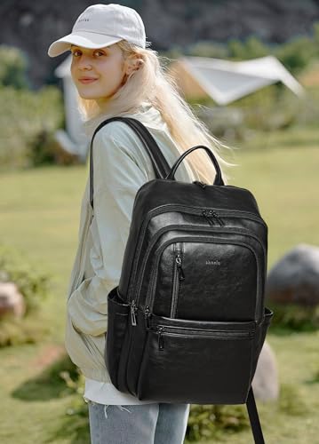 Leather Laptop Backpack for Women, 17 inch Large Travel Laptop Backpack Purse for Casual Daypack College Work Bag - color: Black