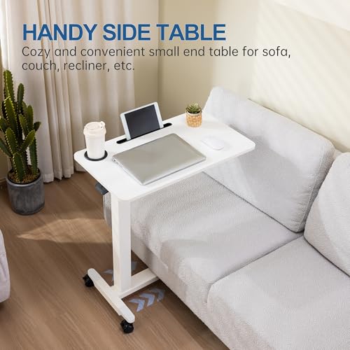Adjustable Overbed Table with Wheels, Over Bed Tray with Cup Holder | Rolling Medical Adjustable Height Standing Laptop Desk, Portable Hospital Bedside Tables, Pneumatic Computer Cart| White - color: White