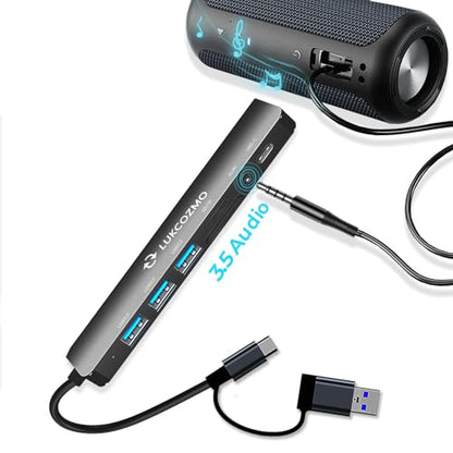 USB-C 7-in-1 Hub: 4 USB 3.0, USB-C, SD/TF, Audio, for MacBook, iPad, Dell, HP, Phones - color: Black