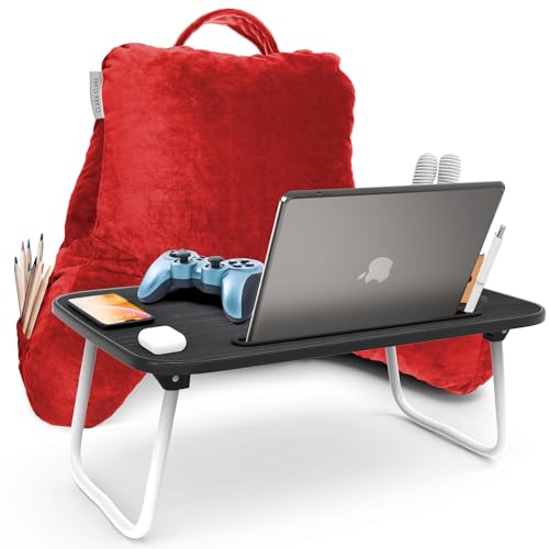 Clara Clark Reading Pillow with Portable Lap Desk Set for Kids, Back Pillow for Sitting Up in Bed, Memory Foam Back Support Pillow, Bed Rest Pillow with Foldable Laptop Desk, Small - Red - color: Red, size: Petite/Small