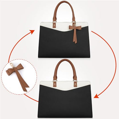 RAINSMORE Laptop Bag for Women 15.6 Inch PU Leather Tote Bag Professional Business Office Work Bag Waterproof Briefcase Computer Tote Bag Large Capacity Lightweight Handbag Shoulder - color: Black-beige-dark Brown