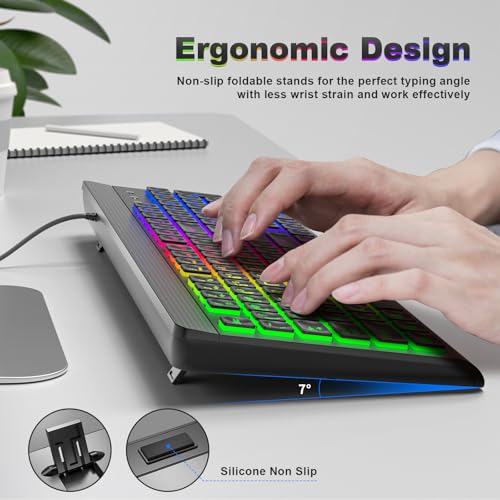 Atelus Large Print Backlit Keyboard, USB Wired Computer Keyboard, Full Size Keyboard with Rainbow Illuminated LED Compatible for Windows Desktop, Laptop, PC, Gaming, Black - color: Black-Rainbow Light