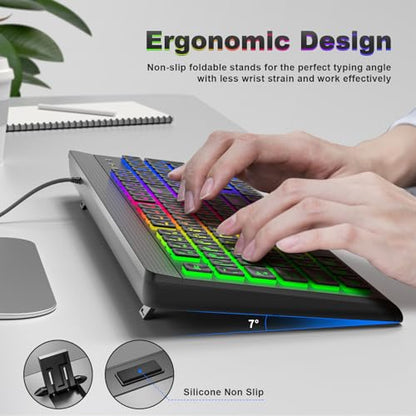 Atelus Large Print Backlit Keyboard, USB Wired Computer Keyboard, Full Size Keyboard with Rainbow Illuminated LED Compatible for Windows Desktop, Laptop, PC, Gaming, Black - color: Black-Rainbow Light