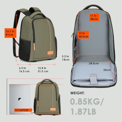 TARION Camera Backpack for Photographers Compact 15L, TB04 Green | 15 Inch Laptop Compartment, Side Access Quick Draw, Anti-theft Hidden Pocket, Tripod Holder, Rain Cover, Travel-Friendly - color: Green