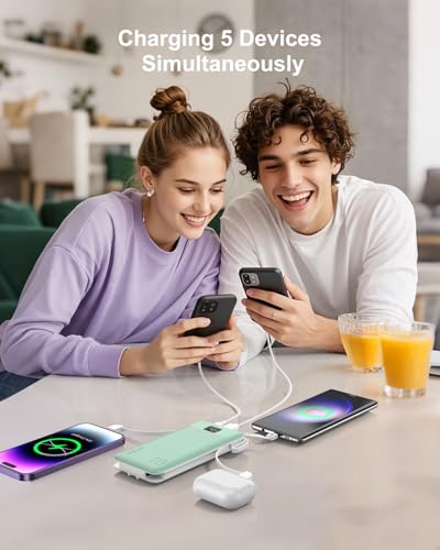 Portable Charger 10000mAh Power Bank w/Built-in 3 Cables & AC Wall Plug | 22.5W Fast Charging, Pass Through Charging, 0.68in Ultra Slim, TSA Approved, Travel Essential for iPhone/Samsung/iPad - color: Green