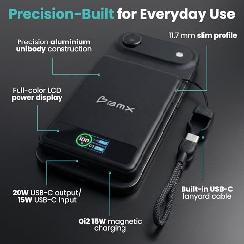 5K Magnetic Power Bank, Silver, Qi2 Certified 15W Wireless Charger, LCD Display, Ultra-Slim Solid-State Battery Pack for iPhone 17/16, Lightweight Travel, USB-C Portable (Black) - color: Black