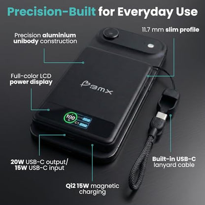 5K Magnetic Power Bank, Silver, Qi2 Certified 15W Wireless Charger, LCD Display, Ultra-Slim Solid-State Battery Pack for iPhone 17/16, Lightweight Travel, USB-C Portable (Black) - color: Black