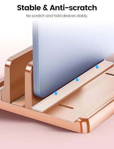 Vaydeer Vertical Laptop Stand for Desk, Dual Slots Plastic Laptop Holder with Space Saving 4-in-1 Design, Adjustable Laptop Stand Supports MacBook, Chromebook, Surface, Dell (Rose Gold) - color: Rose Gold