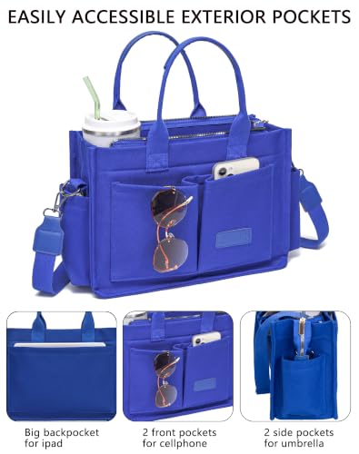 Canvas Tote Bag for Women,Women's Bags Crossbody Bags Work Laptop Tote Bag Large Handbags Purse for Travel Nurse Teacher - color: New Upgrade Navy Blue With Compartments and Side Cup Holders