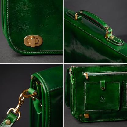 Time Resistance Leather Briefcase for Men - Italian Full Grain Leather Laptop Bag - Messenger Bag - Gift Box Included - color: Green