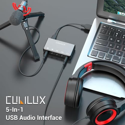 CB5 USB Audio Interface for Recording, Streaming, Podcasting, USB to 3.5mm Sound Card with Stereo Microphone Input, Line-In, Line-Out & Headphone Jack for Monitors, Support Windows & Mac OS